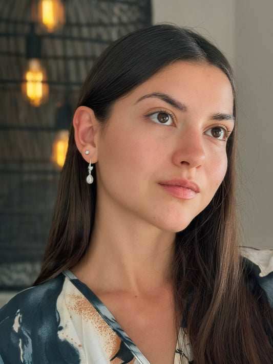 Pearl - CZ Heart Drop Earrings