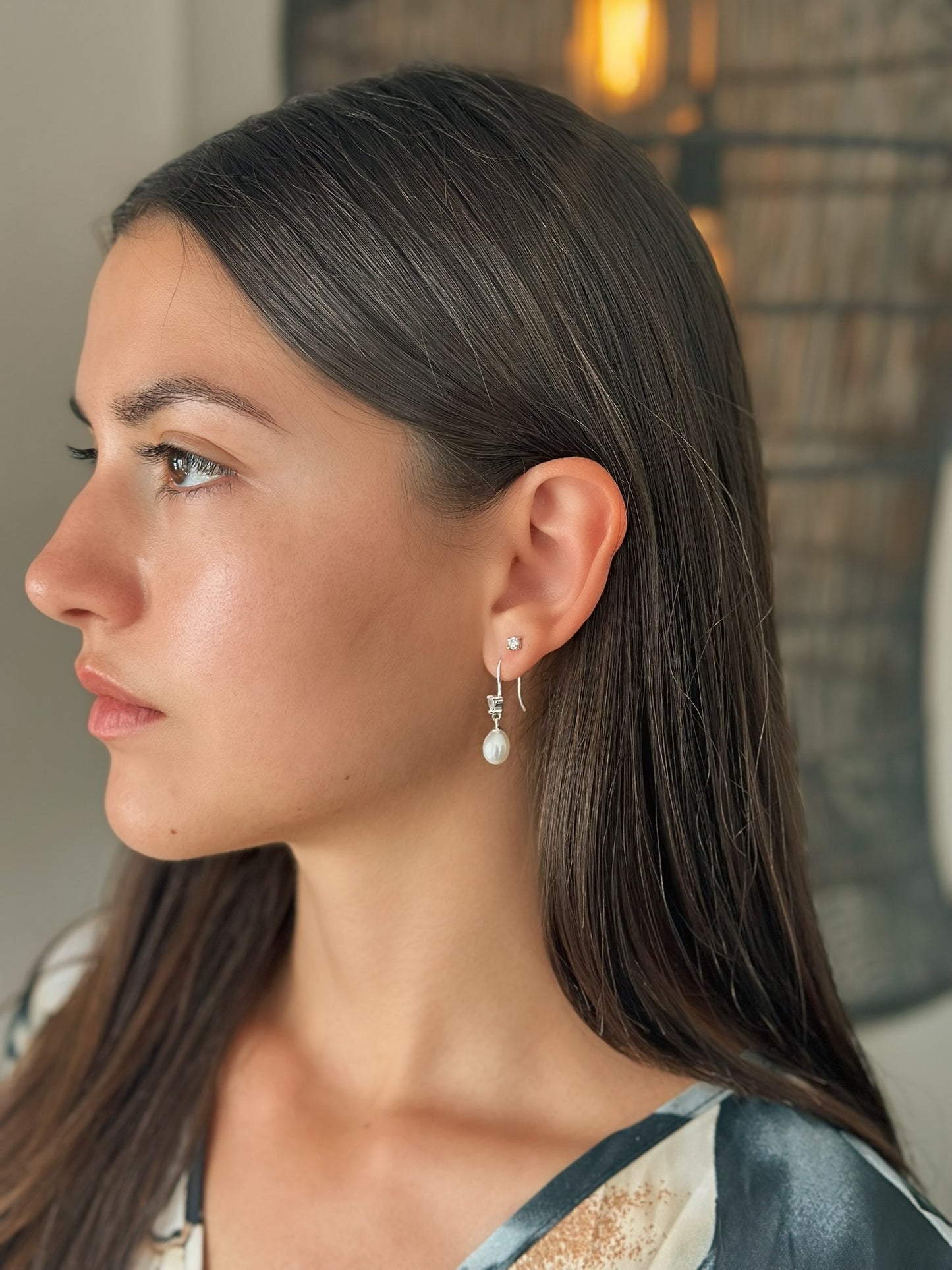 Pearl - CZ Heart Drop Earrings